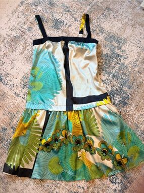 RARE Zara Teal & Yellow Large Print Floral Patchwork Dress with Black Trim